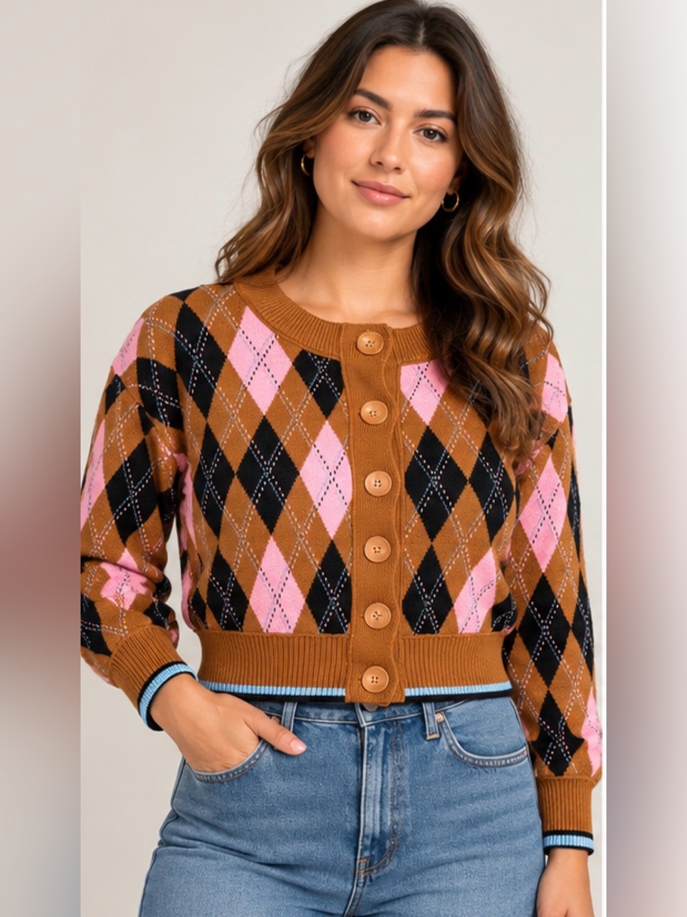 Maeve Anthropologie XS Argyle Cropped Cardigan Pink Brown Black